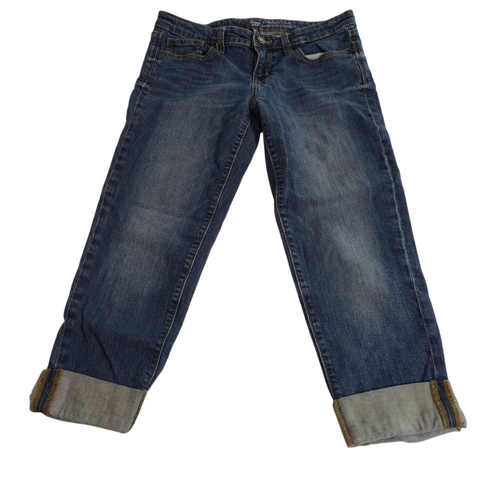 Gap Straight Crop Cuffed Jeans Women Size 6 28 Medium Wash Blue Cotton Stretch